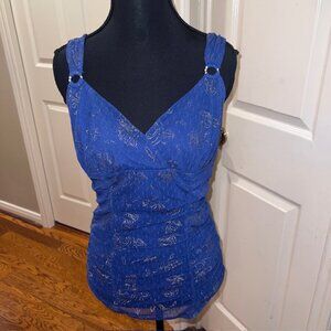 Express Lattice Ruched Top with Gold Ring Accented Straps in Blue Gold (Sz M)